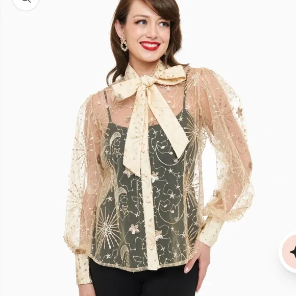Unique Vintage Champagne Celestial Sequin Sheer Gwen Blouse - Picture 2 of 7